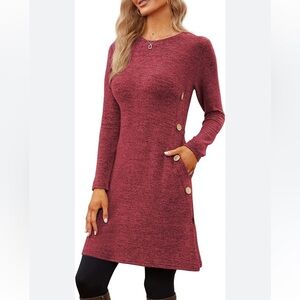 Long Sleeve Burgundy Knit Mini Dress with Side Buttons
